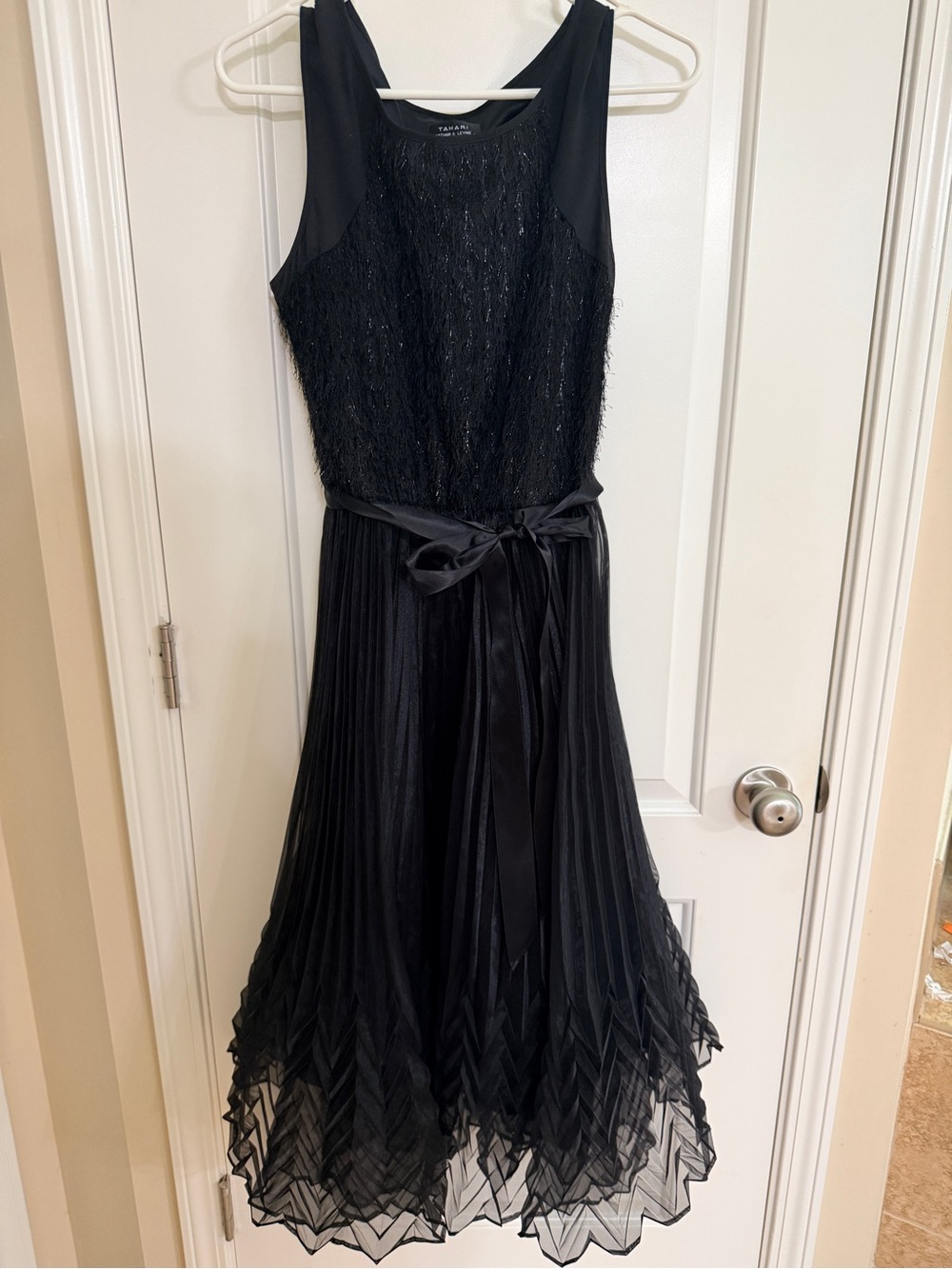 Tahari Black Asymmetrical Pleated Evening Dress with Satin Waist Tie